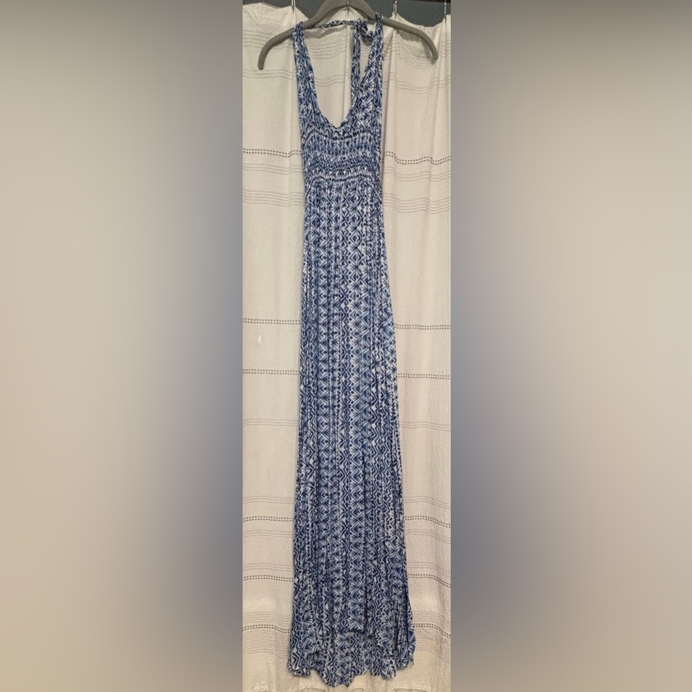 Tiare Hawaii Blue Patterned Maxi Halter Dress